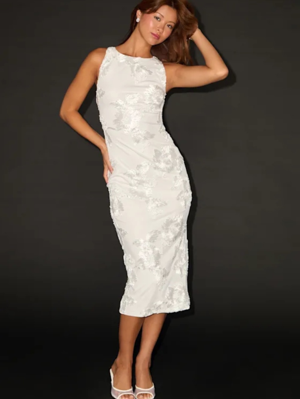 New Lulus Taylor Floral Appliqué Elegant White Backless Midi Dress Sz Medium